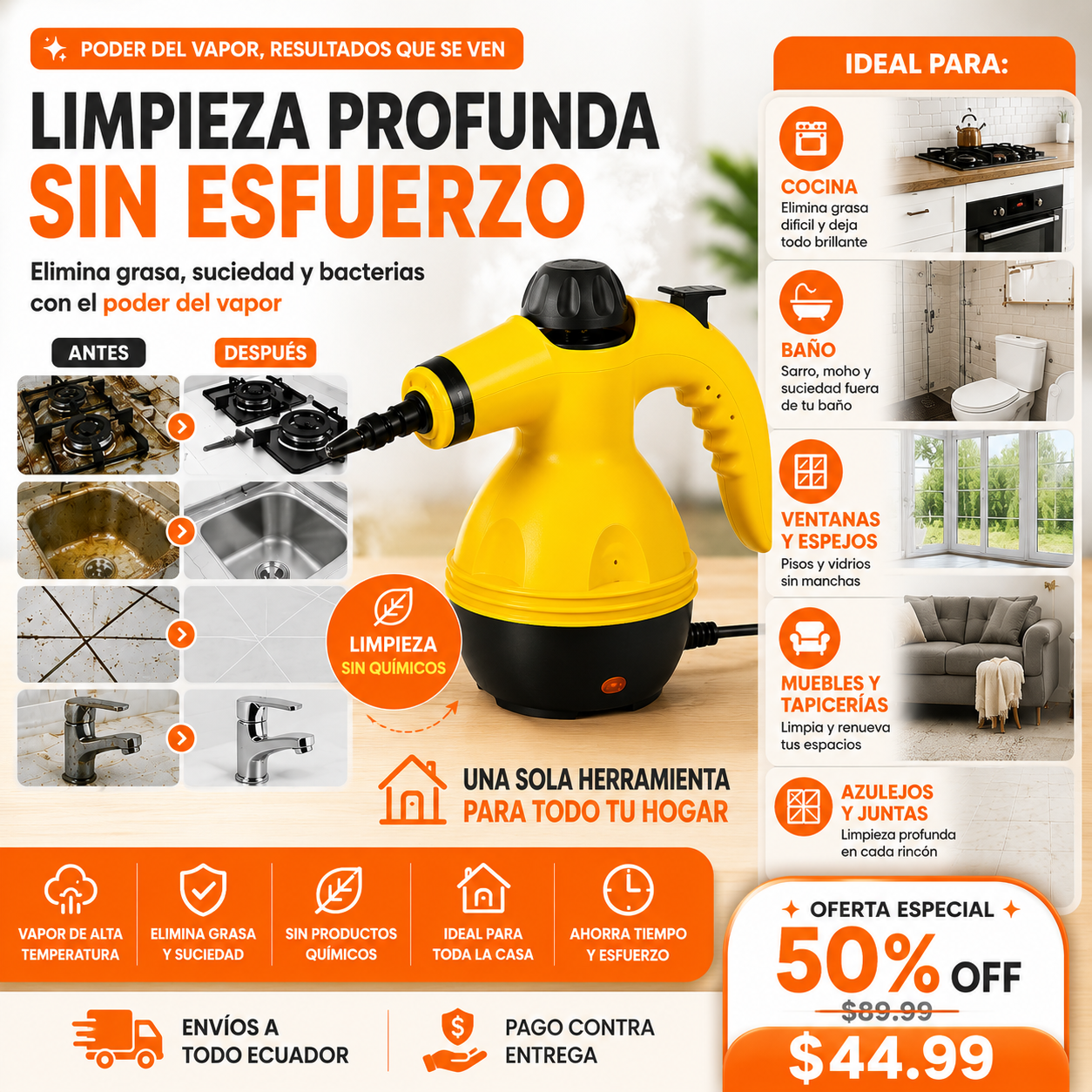 Limpiador a Vapor Portátil Multifuncional | Elimina Grasa y Suciedad en Segundos